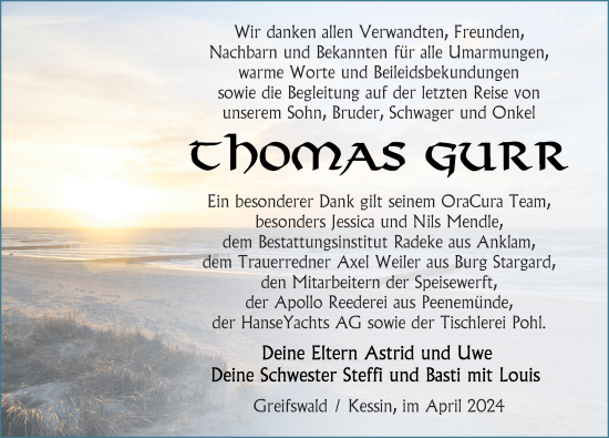 Traueranzeige von Thomas Gurr von Ostsee-Zeitung GmbH