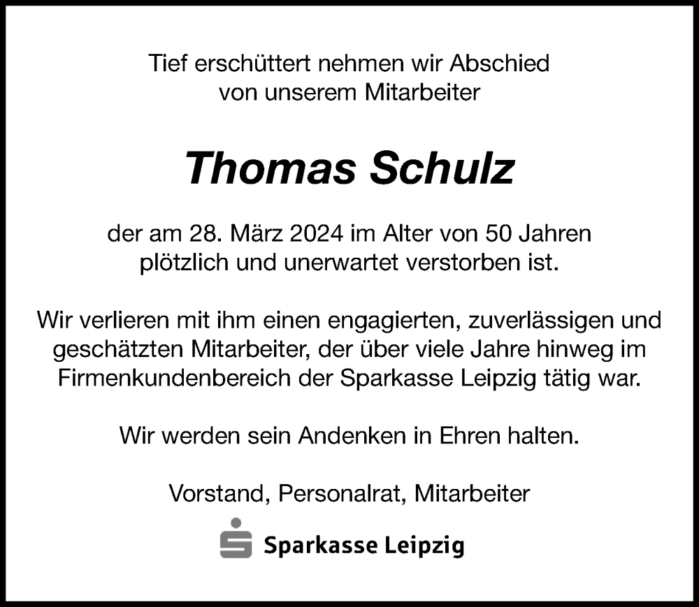  Traueranzeige für Thomas Schulz vom 13.04.2024 aus Leipziger Volkszeitung