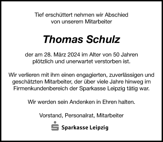 Traueranzeige von Thomas Schulz von Leipziger Volkszeitung