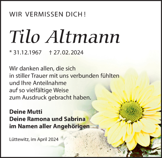 Traueranzeige von Tilo Altmann von Leipziger Volkszeitung