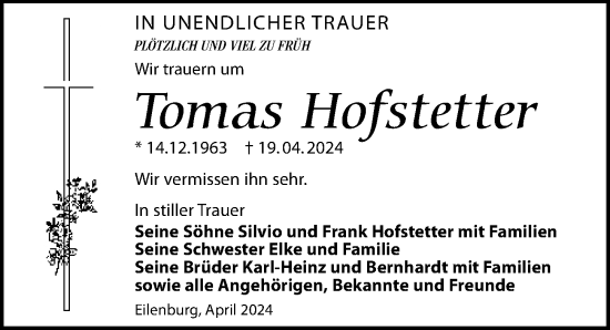 Traueranzeige von Tomas Hofstetter von Leipziger Volkszeitung