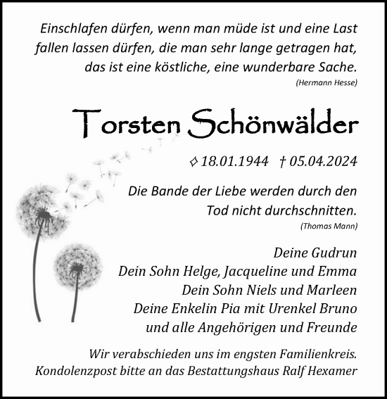 Traueranzeige von Torsten Schönwälder von Ostsee-Zeitung GmbH