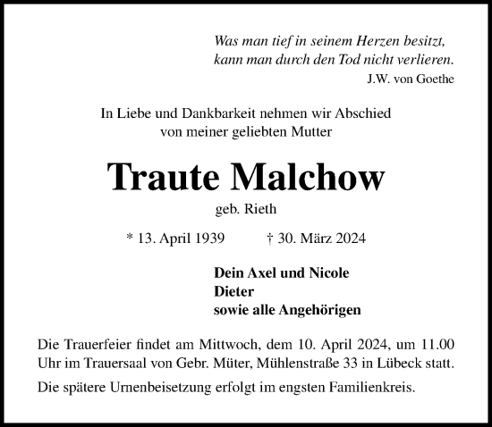 Traueranzeige von Traute Malchow von Lübecker Nachrichten