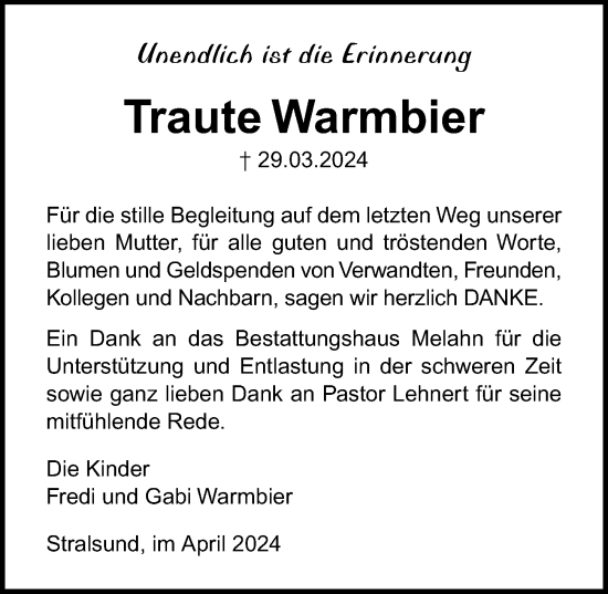 Traueranzeige von Traute Warmbier von Ostsee-Zeitung GmbH