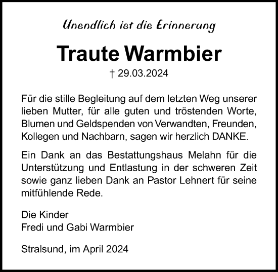 Traueranzeige von Traute Warmbier