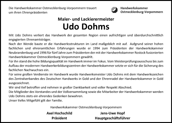 Traueranzeige von Udo Dohms von Ostsee-Zeitung GmbH
