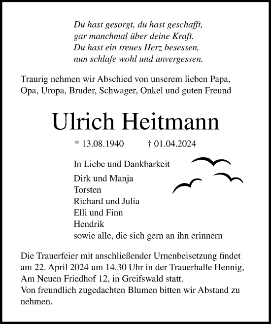 Traueranzeige von Ulrich Heitmann von Ostsee-Zeitung GmbH