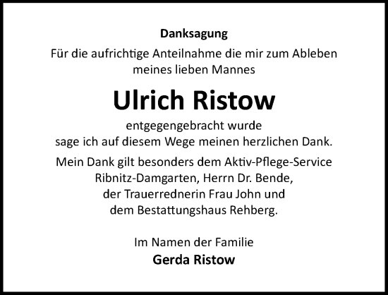 Traueranzeige von Ulrich Ristow von Ostsee-Zeitung GmbH
