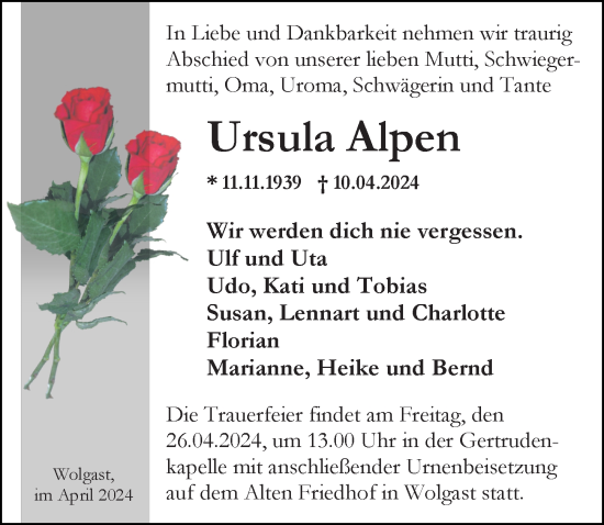 Traueranzeige von Ursula Alpen von Ostsee-Zeitung GmbH
