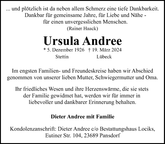 Traueranzeige von Ursula Andree von Lübecker Nachrichten