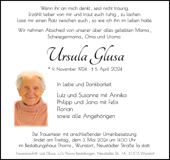 Traueranzeige von Ursula Glusa von Hannoversche Allgemeine Zeitung/Neue Presse