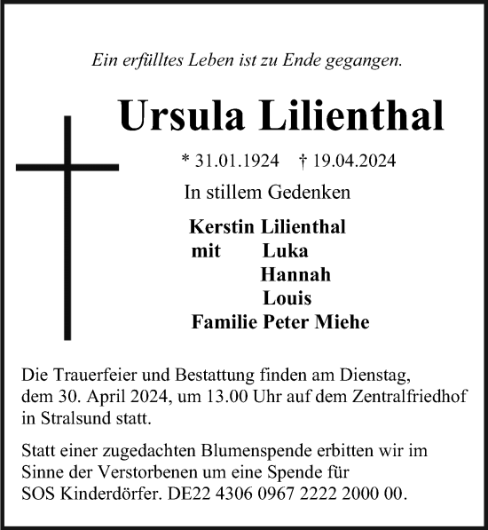 Traueranzeige von Ursula Lilienthal von Ostsee-Zeitung GmbH