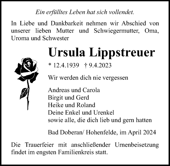 Traueranzeige von Ursula Lippstreuer von Ostsee-Zeitung GmbH