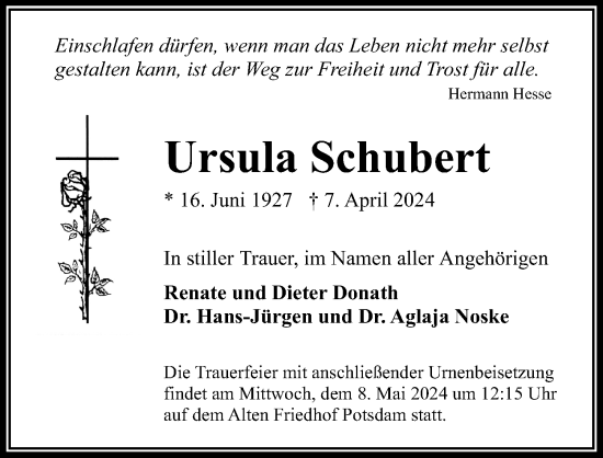 Traueranzeige von Ursula Schubert von Märkischen Allgemeine Zeitung