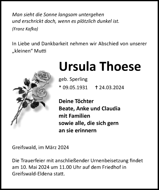 Traueranzeige von Ursula Thoese von Ostsee-Zeitung GmbH
