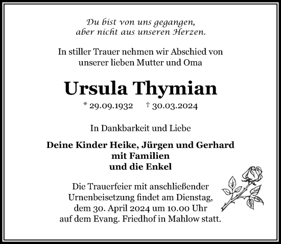 Traueranzeige von Ursula Thymian von Märkischen Allgemeine Zeitung