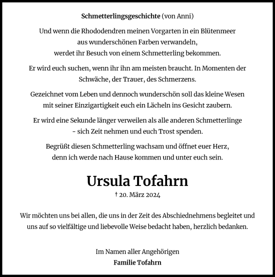 Traueranzeige von Ursula Tofahrn von Hannoversche Allgemeine Zeitung/Neue Presse