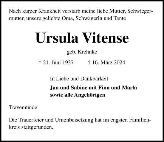 Traueranzeige von Ursula Vitense von Lübecker Nachrichten