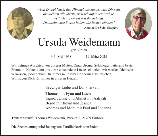 Traueranzeige von Ursula Weidemann von Lübecker Nachrichten