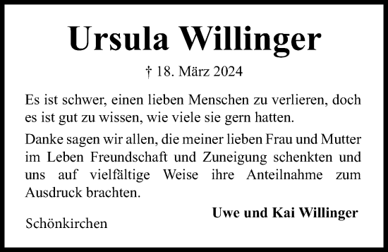 Traueranzeige von Ursula Willinger von Kieler Nachrichten