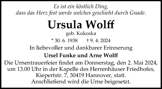 Traueranzeige von Ursula Wolff von Hannoversche Allgemeine Zeitung/Neue Presse