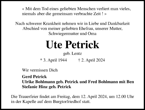 Traueranzeige von Ute Petrick von Lübecker Nachrichten