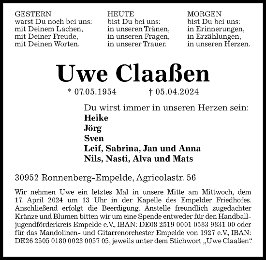 Traueranzeige von Uwe Claaßen von Hannoversche Allgemeine Zeitung/Neue Presse