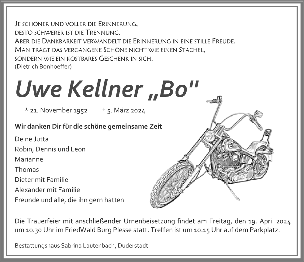  Traueranzeige für Uwe Kellner vom 06.04.2024 aus Göttinger Tageblatt