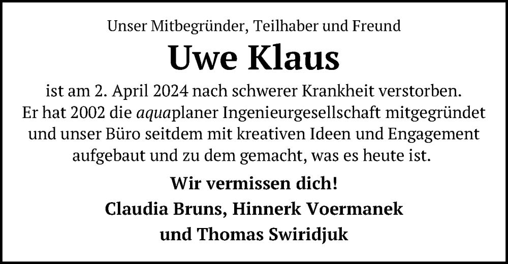  Traueranzeige für Uwe Klaus vom 13.04.2024 aus Hannoversche Allgemeine Zeitung/Neue Presse