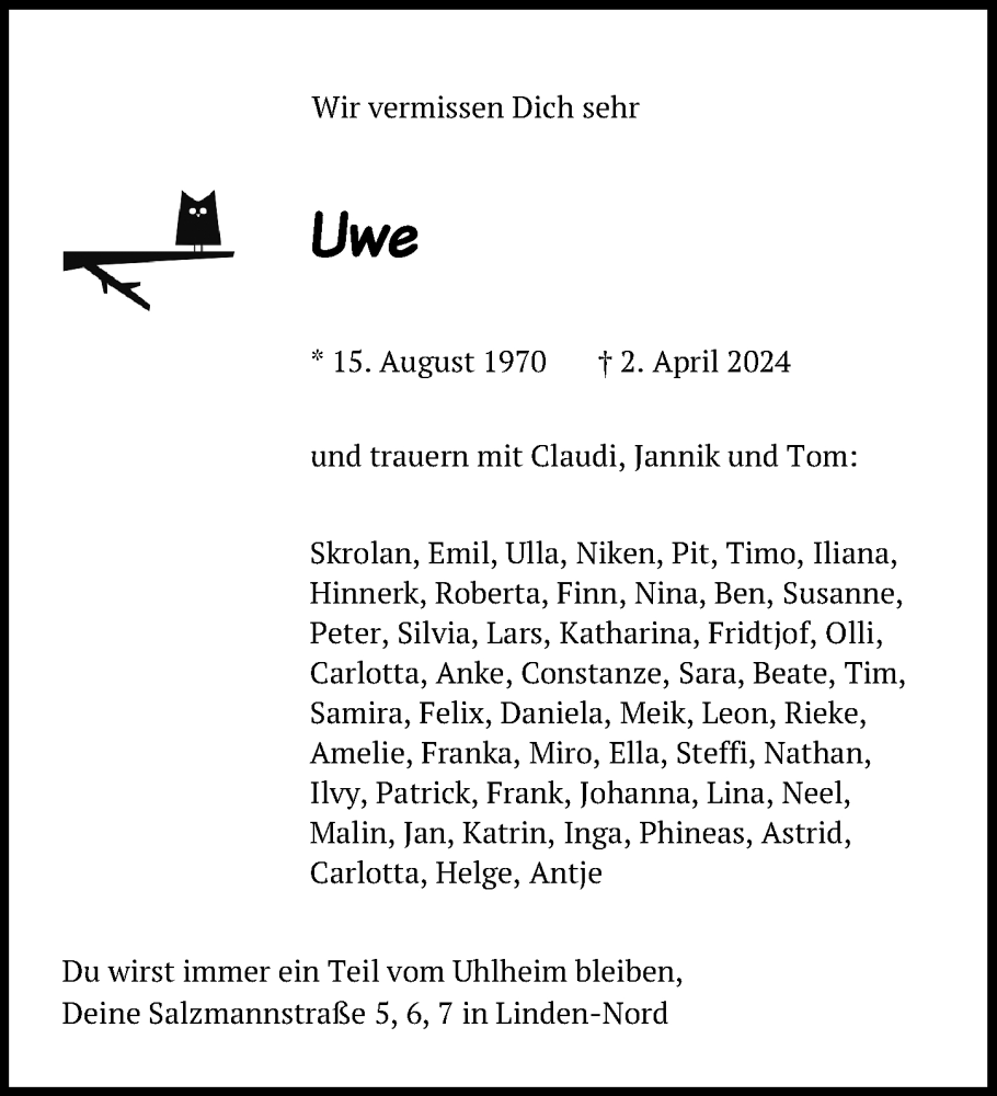  Traueranzeige für Uwe Klaus vom 13.04.2024 aus Hannoversche Allgemeine Zeitung/Neue Presse