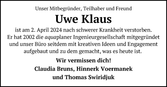 Traueranzeige von Uwe Klaus von Hannoversche Allgemeine Zeitung/Neue Presse