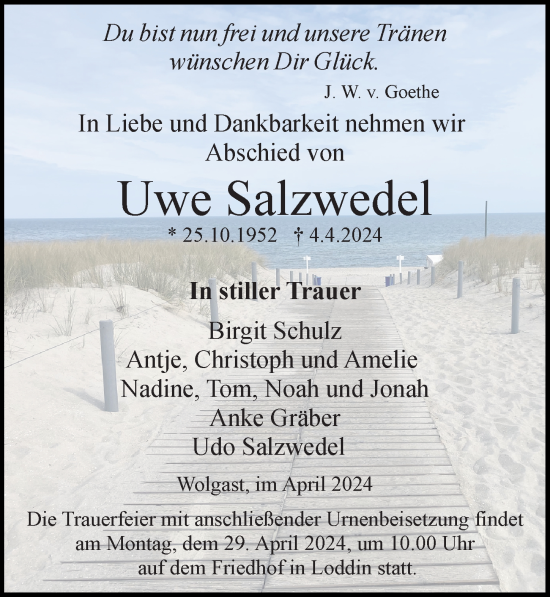 Traueranzeige von Uwe Salzwedel von Ostsee-Zeitung GmbH