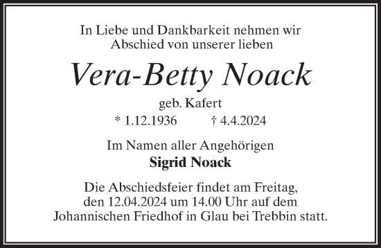 Traueranzeige von Vera-Betty Noack von Märkischen Allgemeine Zeitung