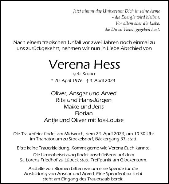 Traueranzeige von Verena Hess von Lübecker Nachrichten
