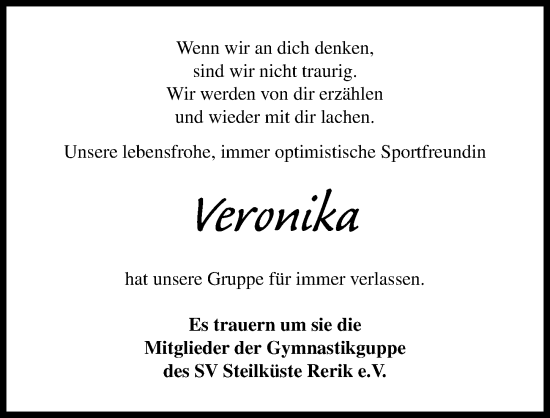 Traueranzeige von Veronika  von Ostsee-Zeitung GmbH