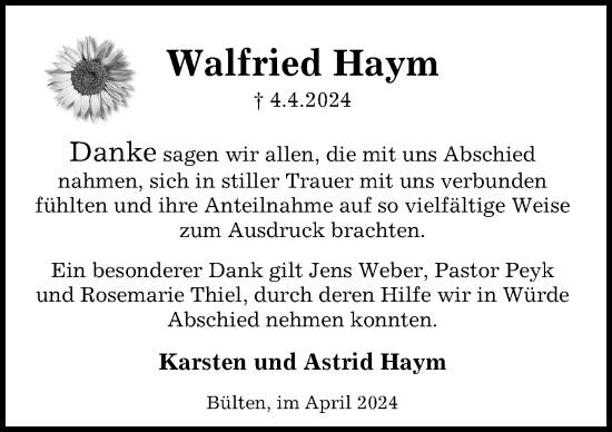 Traueranzeige von Walfried Haym von Peiner Allgemeine Zeitung