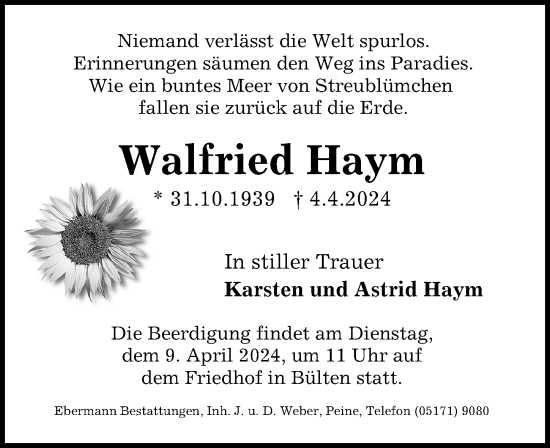 Traueranzeige von Walfried Haym von Peiner Allgemeine Zeitung