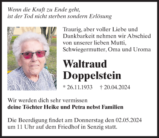 Traueranzeige von Walraud Doppelstein von Märkischen Allgemeine Zeitung
