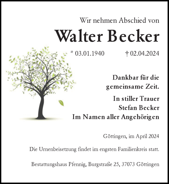 Traueranzeige von Walter Becker von Göttinger Tageblatt