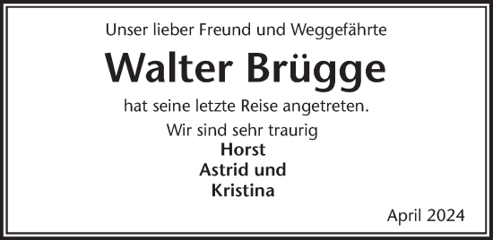 Traueranzeige von Walter Brügge von Kieler Nachrichten
