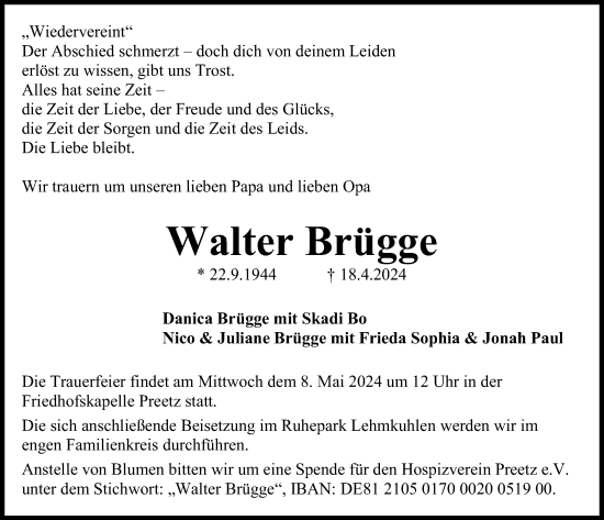 Traueranzeige von Walter Brügge von Kieler Nachrichten