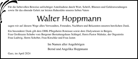 Traueranzeige von Walter Hoppmann von Ostsee-Zeitung GmbH