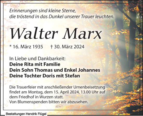 Traueranzeige von Walter Marx von Leipziger Volkszeitung