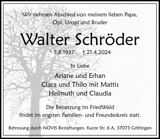 Traueranzeige von Walter Schröder von Göttinger Tageblatt