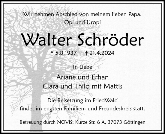Traueranzeige von Walter Schröder von Göttinger Tageblatt