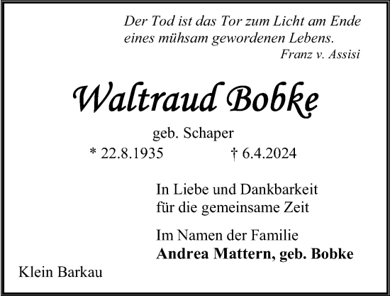 Traueranzeige von Waltraud Bobke von Kieler Nachrichten