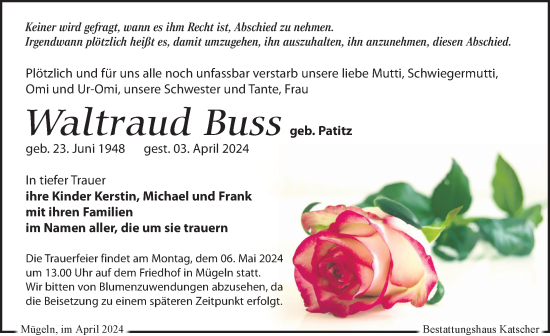 Traueranzeige von Waltraud Buss von Leipziger Volkszeitung