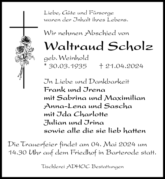 Traueranzeige von Waltraud Scholz von Göttinger Tageblatt