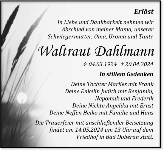 Traueranzeige von Waltraut Dahlmann von Ostsee-Zeitung GmbH