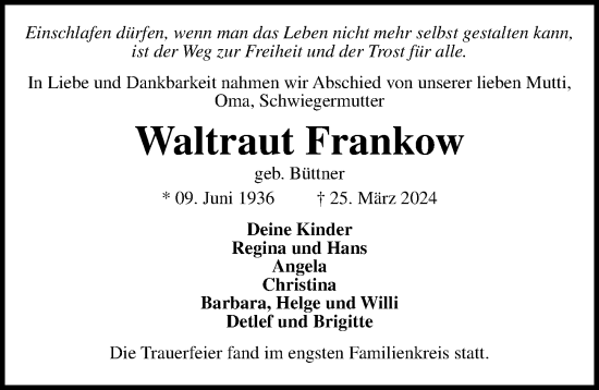 Traueranzeige von Waltraut Frankow von Lübecker Nachrichten
